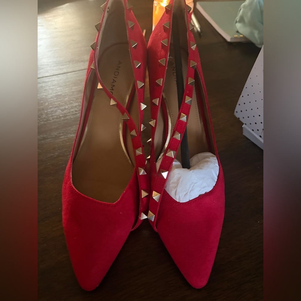 Red Studded Pointed-Toe Heels